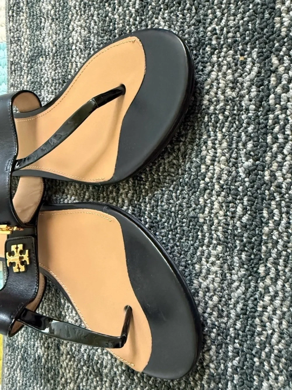 Tory Burch Black Leather Logo Thong Sandals with Tan Insole